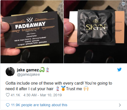 screenshot 2019 03 23 barber staples condoms to his business card but there s one problem